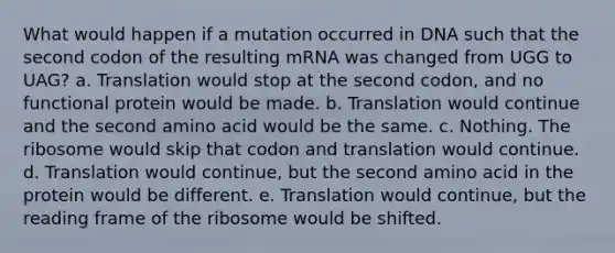 What would happen if a mutation occurred in DNA such that the second codon of the resulting mRNA was changed from UGG to UAG? a. Translation would stop at the second codon, and no functional protein would be made. b. Translation would continue and the second amino acid would be the same. c. Nothing. The ribosome would skip that codon and translation would continue. d. Translation would continue, but the second amino acid in the protein would be different. e. Translation would continue, but the reading frame of the ribosome would be shifted.