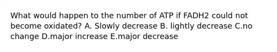 What would happen to the number of ATP if FADH2 could not become oxidated? A. Slowly decrease B. lightly decrease C.no change D.major increase E.major decrease