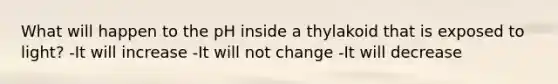 What will happen to the pH inside a thylakoid that is exposed to light? -It will increase -It will not change -It will decrease