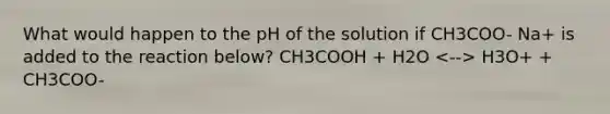 What would happen to the pH of the solution if CH3COO- Na+ is added to the reaction below? CH3COOH + H2O H3O+ + CH3COO-