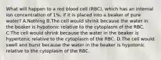 What will happen to a red blood cell (RBC), which has an internal ion concentration of 1%, if it is placed into a beaker of pure water? A.Nothing B.The cell would shrink because the water in the beaker is hypotonic relative to the cytoplasm of the RBC. C.The cell would shrink because the water in the beaker is hypertonic relative to the cytoplasm of the RBC. D.The cell would swell and burst because the water in the beaker is hypotonic relative to the cytoplasm of the RBC.