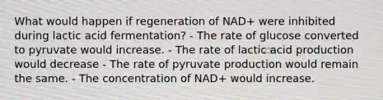 What would happen if regeneration of NAD+ were inhibited during lactic acid fermentation? - The rate of glucose converted to pyruvate would increase. - The rate of lactic acid production would decrease - The rate of pyruvate production would remain the same. - The concentration of NAD+ would increase.