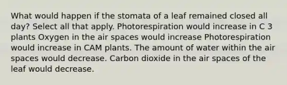 What would happen if the stomata of a leaf remained closed all day? Select all that apply. Photorespiration would increase in C 3 plants Oxygen in the air spaces would increase Photorespiration would increase in CAM plants. The amount of water within the air spaces would decrease. Carbon dioxide in the air spaces of the leaf would decrease.