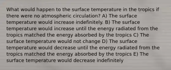 What would happen to the surface temperature in the tropics if there were no atmospheric circulation? A) The surface temperature would increase indefinitely. B) The surface temperature would increase until the energy radiated from the tropics matched the energy absorbed by the tropics C) The surface temperature would not change D) The surface temperature would decrease until the energy radiated from the tropics matched the energy absorbed by the tropics E) The surface temperature would decrease indefinitely