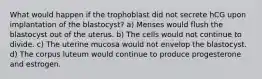 What would happen if the trophoblast did not secrete hCG upon implantation of the blastocyst? a) Menses would flush the blastocyst out of the uterus. b) The cells would not continue to divide. c) The uterine mucosa would not envelop the blastocyst. d) The corpus luteum would continue to produce progesterone and estrogen.