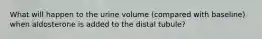 What will happen to the urine volume (compared with baseline) when aldosterone is added to the distal tubule?