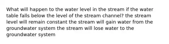 What will happen to the water level in the stream if <a href='https://www.questionai.com/knowledge/kra6qgcwqy-the-water-table' class='anchor-knowledge'>the water table</a> falls below the level of the stream channel? the stream level will remain constant the stream will gain water from the groundwater system the stream will lose water to the groundwater system