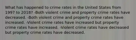 What has happened to crime rates in the United States from 1997 to 2018? -Both violent crime and property crime rates have decreased. -Both violent crime and property crime rates have increased. -Violent crime rates have increased but property crime rates have increased. -Violent crime rates have decreased but property crime rates have decreased.