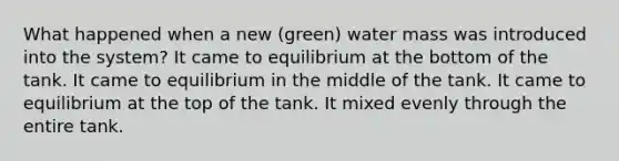 What happened when a new (green) water mass was introduced into the system? It came to equilibrium at the bottom of the tank. It came to equilibrium in the middle of the tank. It came to equilibrium at the top of the tank. It mixed evenly through the entire tank.