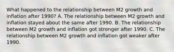 What happened to the relationship between M2 growth and inflation after​ 1990? A. The relationship between M2 growth and inflation stayed about the same after 1990. B. The relationship between M2 growth and inflation got stronger after 1990. C. The relationship between M2 growth and inflation got weaker after 1990.