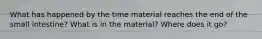 What has happened by the time material reaches the end of the small intestine? What is in the material? Where does it go?