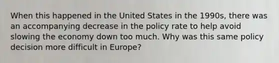 When this happened in the United States in the​ 1990s, there was an accompanying decrease in the policy rate to help avoid slowing the economy down too much. Why was this same policy decision more difficult in​ Europe?