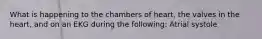 What is happening to the chambers of heart, the valves in the heart, and on an EKG during the following: Atrial systole