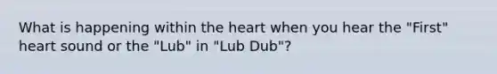 What is happening within <a href='https://www.questionai.com/knowledge/kya8ocqc6o-the-heart' class='anchor-knowledge'>the heart</a> when you hear the "First" heart sound or the "Lub" in "Lub Dub"?