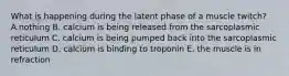 What is happening during the latent phase of a muscle twitch? A.nothing B. calcium is being released from the sarcoplasmic reticulum C. calcium is being pumped back into the sarcoplasmic reticulum D. calcium is binding to troponin E. the muscle is in refraction
