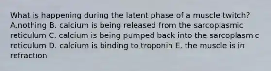 What is happening during the latent phase of a muscle twitch? A.nothing B. calcium is being released from the sarcoplasmic reticulum C. calcium is being pumped back into the sarcoplasmic reticulum D. calcium is binding to troponin E. the muscle is in refraction