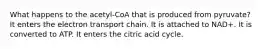 What happens to the acetyl-CoA that is produced from pyruvate? It enters the electron transport chain. It is attached to NAD+. It is converted to ATP. It enters the citric acid cycle.