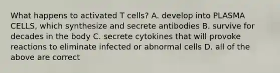 What happens to activated T cells? A. develop into PLASMA CELLS, which synthesize and secrete antibodies B. survive for decades in the body C. secrete cytokines that will provoke reactions to eliminate infected or abnormal cells D. all of the above are correct