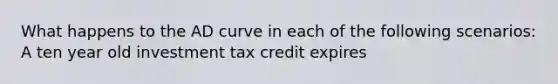 What happens to the AD curve in each of the following scenarios: A ten year old investment tax credit expires