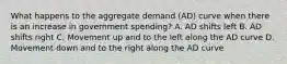 What happens to the aggregate demand (AD) curve when there is an increase in government spending? A. AD shifts left B. AD shifts right C. Movement up and to the left along the AD curve D. Movement down and to the right along the AD curve