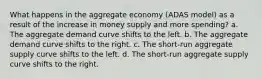 What happens in the aggregate economy (ADAS model) as a result of the increase in money supply and more spending? a. The aggregate demand curve shifts to the left. b. The aggregate demand curve shifts to the right. c. The short-run aggregate supply curve shifts to the left. d. The short-run aggregate supply curve shifts to the right.