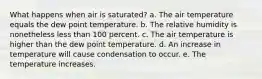 What happens when air is saturated? a. The air temperature equals the dew point temperature. b. The relative humidity is nonetheless less than 100 percent. c. The air temperature is higher than the dew point temperature. d. An increase in temperature will cause condensation to occur. e. The temperature increases.