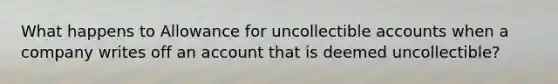 What happens to Allowance for uncollectible accounts when a company writes off an account that is deemed uncollectible?