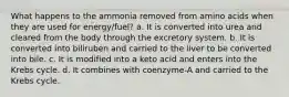 What happens to the ammonia removed from amino acids when they are used for energy/fuel? a. It is converted into urea and cleared from the body through the excretory system. b. It is converted into biliruben and carried to the liver to be converted into bile. c. It is modified into a keto acid and enters into the Krebs cycle. d. It combines with coenzyme-A and carried to the Krebs cycle.