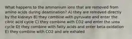 What happens to the ammonium ions that are removed from amino acids during deamination? A) they are removed directly by the kidneys B) they combine with pyruvate and enter the citric acid cycle C) they combine with CO2 and enter the urea cycle D) they combine with fatty acids and enter beta-oxidation E) they combine with CO2 and are exhaled