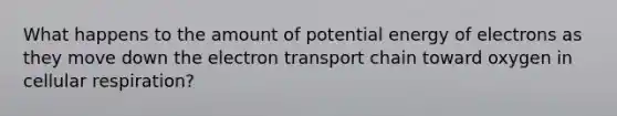 What happens to the amount of potential energy of electrons as they move down the electron transport chain toward oxygen in cellular respiration?