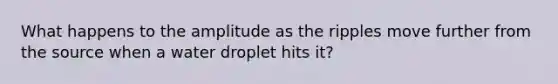 What happens to the amplitude as the ripples move further from the source when a water droplet hits it?