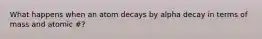 What happens when an atom decays by alpha decay in terms of mass and atomic #?