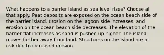 What happens to a barrier island as sea level rises? Choose all that apply. Peat deposits are exposed on the ocean beach side of the barrier island. Erosion on the lagoon side increases, and erosion on the ocean beach side decreases. The elevation of the barrier flat increases as sand is pushed up higher. The island moves farther away from land. Structures on the island are at risk due to increased erosion.