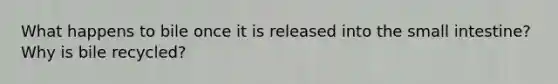 What happens to bile once it is released into the small intestine? Why is bile recycled?
