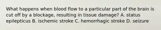 What happens when blood flow to a particular part of the brain is cut off by a blockage, resulting in tissue damage? A. status epilepticus B. ischemic stroke C. hemorrhagic stroke D. seizure