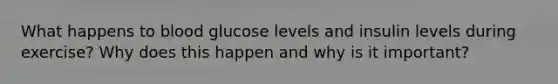 What happens to blood glucose levels and insulin levels during exercise? Why does this happen and why is it important?