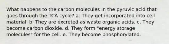 What happens to the carbon molecules in the pyruvic acid that goes through the TCA cycle? a. They get incorporated into cell material. b. They are excreted as waste organic acids. c. They become carbon dioxide. d. They form "energy storage molecules" for the cell. e. They become phosphorylated.