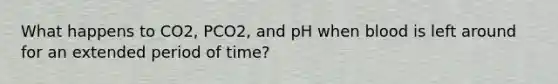 What happens to CO2, PCO2, and pH when blood is left around for an extended period of time?