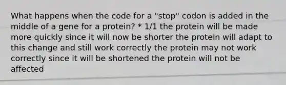 What happens when the code for a "stop" codon is added in the middle of a gene for a protein? * 1/1 the protein will be made more quickly since it will now be shorter the protein will adapt to this change and still work correctly the protein may not work correctly since it will be shortened the protein will not be affected