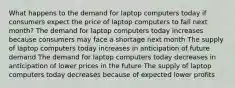 What happens to the demand for laptop computers today if consumers expect the price of laptop computers to fall next month? The demand for laptop computers today increases because consumers may face a shortage next month The supply of laptop computers today increases in anticipation of future demand The demand for laptop computers today decreases in anticipation of lower prices in the future The supply of laptop computers today decreases because of expected lower profits