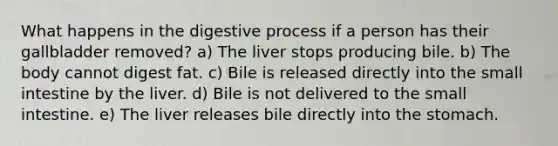 What happens in the digestive process if a person has their gallbladder removed? a) The liver stops producing bile. b) The body cannot digest fat. c) Bile is released directly into the small intestine by the liver. d) Bile is not delivered to the small intestine. e) The liver releases bile directly into the stomach.