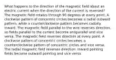 What happens to the direction of the magnetic field about an electric current when the direction of the current is reversed? The magnetic field rotates through 90 degrees at every point. A clockwise pattern of concentric circles becomes a radial outward pattern, while a counterclockwise pattern becomes radially inward. The magnetic field parallel to the wire reverses direction, so fields parallel to the current become antiparallel and vice versa. The magnetic field reverses direction at every point. A clockwise pattern of concentric circles becomes a counterclockwise pattern of concentric circles and vice versa. The radial magnetic field reverses direction. Inward pointing fields become outward pointing and vice versa.