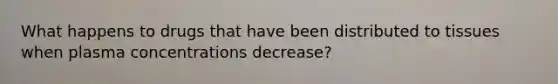 What happens to drugs that have been distributed to tissues when plasma concentrations decrease?