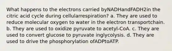 What happens to the electrons carried byNADHandFADH2in the citric acid cycle during cellularrespiration? a. They are used to reduce molecular oxygen to water in the electron transportchain. b. They are used to oxidize pyruvate to acetyl-CoA. c. They are used to convert glucose to pyruvate inglycolysis. d. They are used to drive the phosphorylation ofADPtoATP.