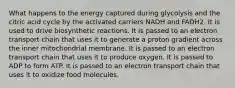 What happens to the energy captured during glycolysis and the citric acid cycle by the activated carriers NADH and FADH2. It is used to drive biosynthetic reactions. It is passed to an electron transport chain that uses it to generate a proton gradient across the inner mitochondrial membrane. It is passed to an electron transport chain that uses it to produce oxygen. It is passed to ADP to form ATP. It is passed to an electron transport chain that uses it to oxidize food molecules.