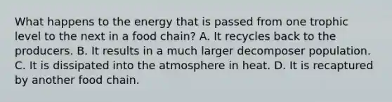 What happens to the energy that is passed from one trophic level to the next in a food chain? A. It recycles back to the producers. B. It results in a much larger decomposer population. C. It is dissipated into the atmosphere in heat. D. It is recaptured by another food chain.