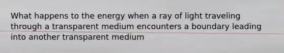 What happens to the energy when a ray of light traveling through a transparent medium encounters a boundary leading into another transparent medium