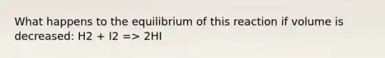 What happens to the equilibrium of this reaction if volume is decreased: H2 + I2 => 2HI