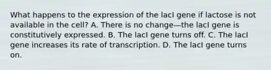 What happens to the expression of the lacI gene if lactose is not available in the cell? A. There is no change—the lacI gene is constitutively expressed. B. The lacI gene turns off. C. The lacI gene increases its rate of transcription. D. The lacI gene turns on.