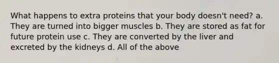 What happens to extra proteins that your body doesn't need? a. They are turned into bigger muscles b. They are stored as fat for future protein use c. They are converted by the liver and excreted by the kidneys d. All of the above